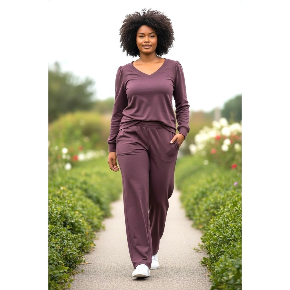 (C-78)AnyBody QVC Lounge Set Women Size M Purple Jogger Pants Top Stretch Casual